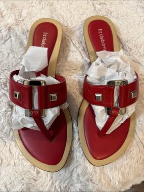 Liz Claiborne Red Leather T-Strap Slide Sandals